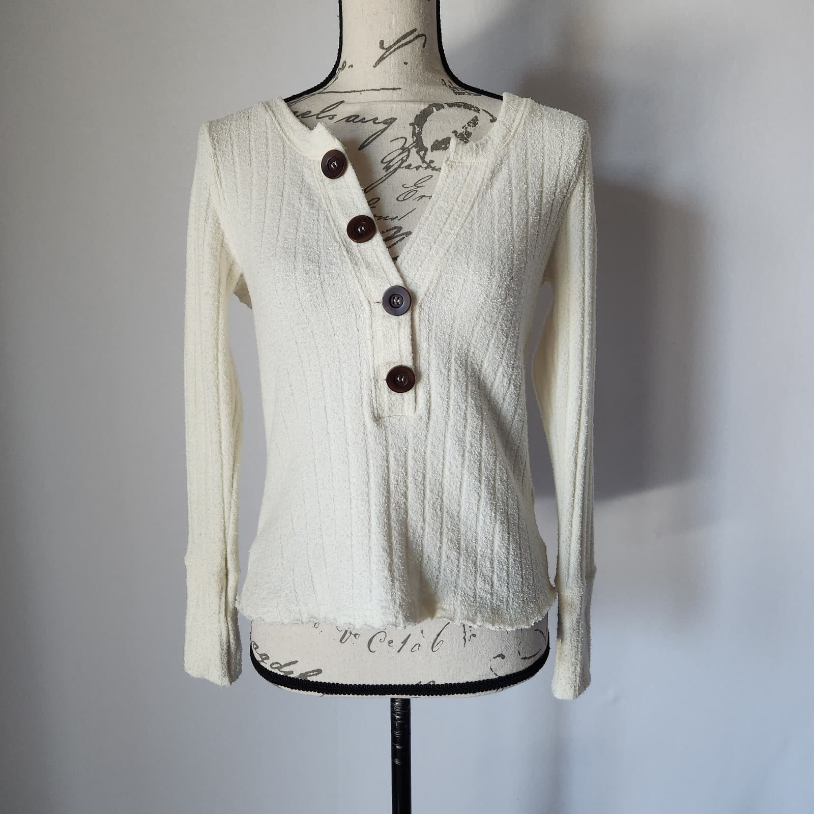 We The Free Oliver Henley Ribbed Knit Long Sleeve Top Sweater Ivory Women's S - Thumbnail 2