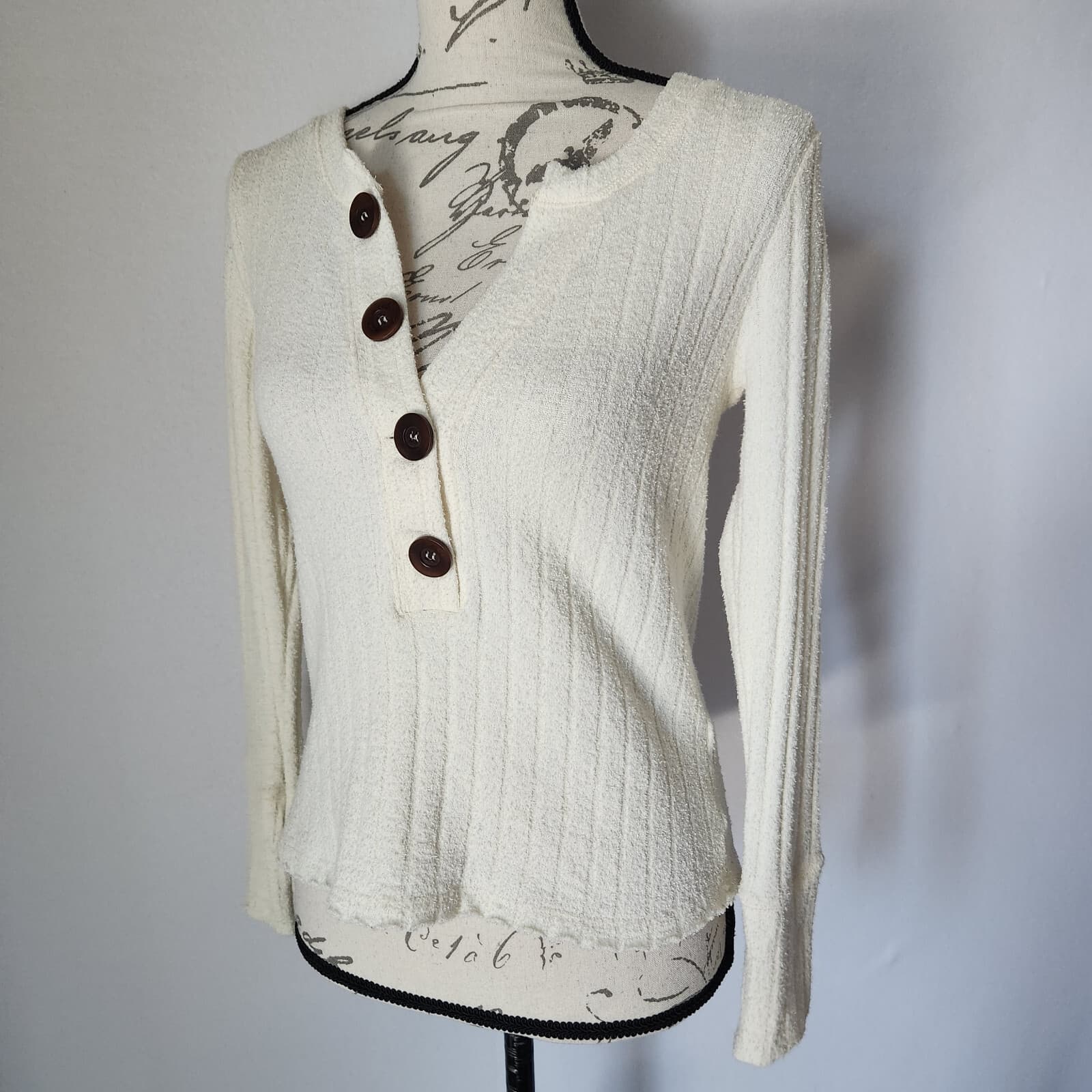 We The Free Oliver Henley Ribbed Knit Long Sleeve Top Sweater Ivory Women's S - Thumbnail 4