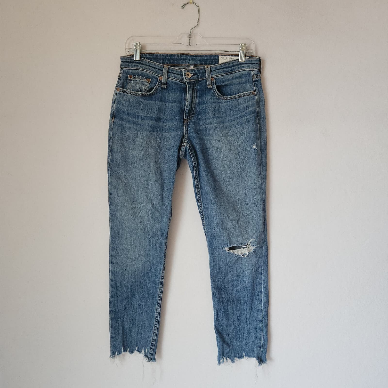 Rag & Bone Dre Low-Rise Slim Boyfriend Jeans Distressed Raw Hem Blue Women's 26