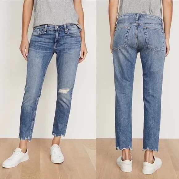 Rag & Bone Dre Low-Rise Slim Boyfriend Jeans Distressed Raw Hem Blue Women's 26 - Thumbnail 4