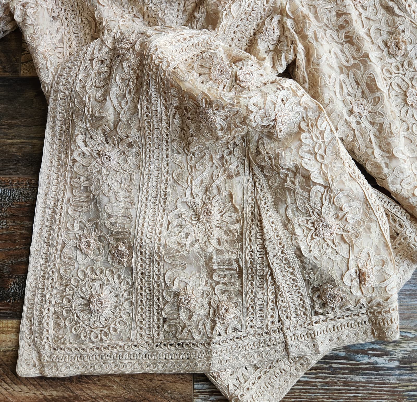Sue Wong Nocturne Lace Ribbon Formal Elegant Long Jacket Coat Button Beige Sz.10 - Thumbnail 10