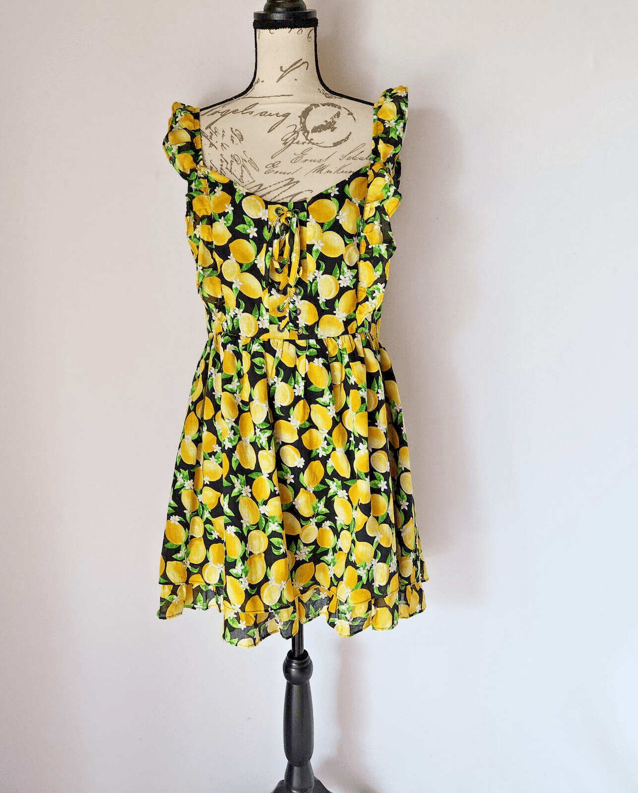 Betsey Johnson $119 Layla Lemon Mini Dress Sweetheart Lace-Up Ruffle Cotton 12 - Thumbnail 3