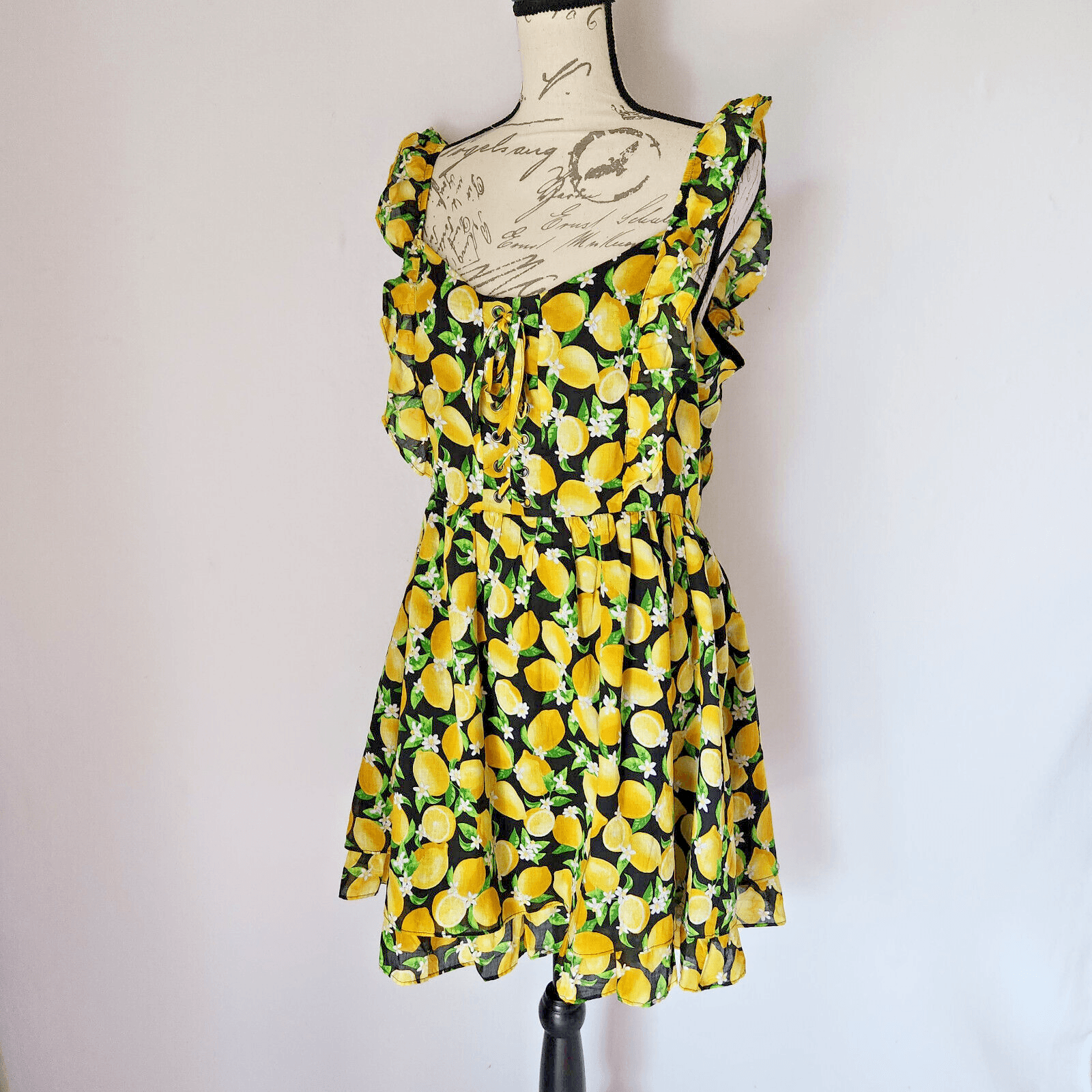 Betsey Johnson $119 Layla Lemon Mini Dress Sweetheart Lace-Up Ruffle Cotton 12