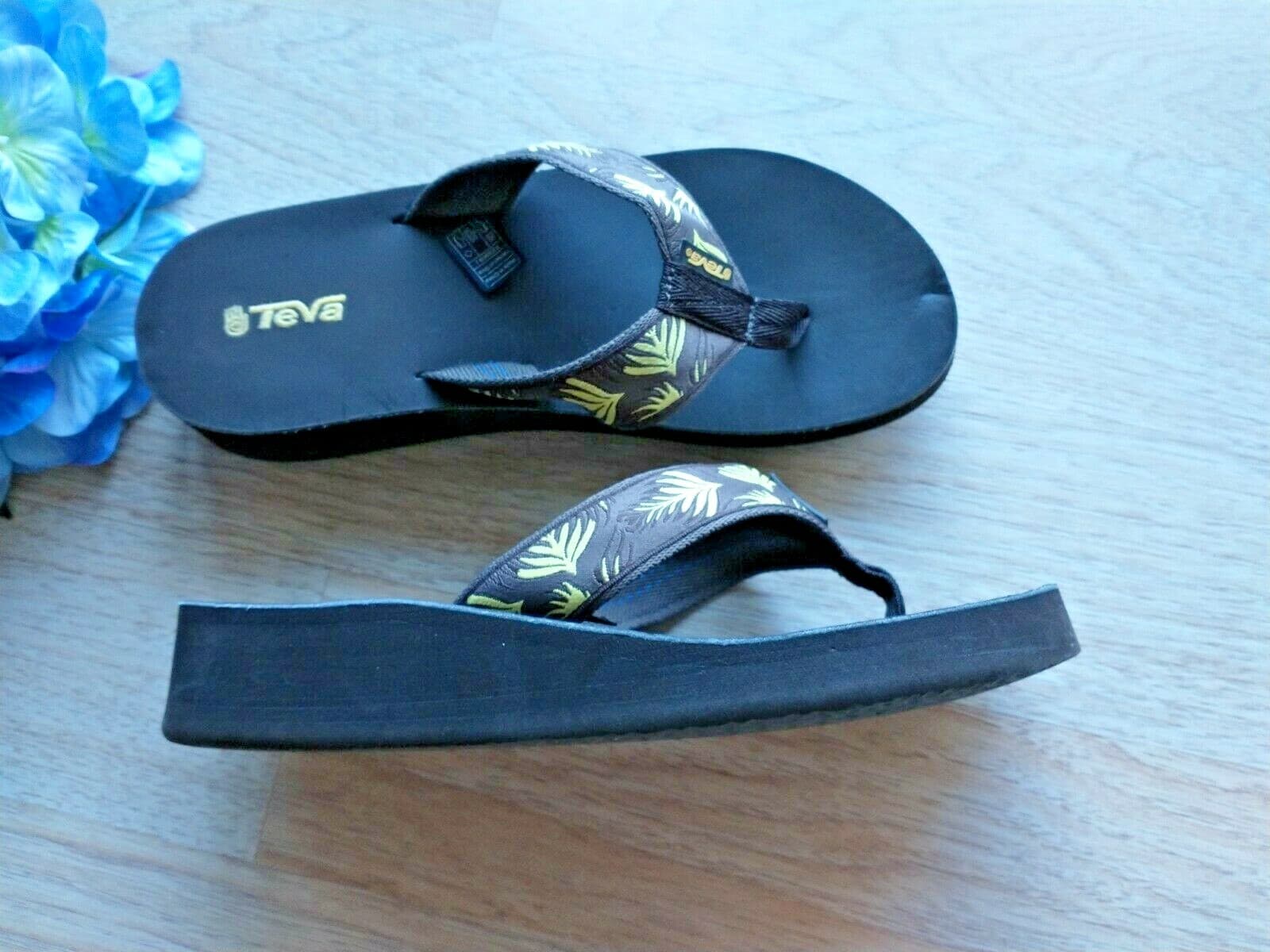 Teva Leaf Wedge Thong Sandal Flit Flop 1.5" Heel High Brown Yellow Women US9 - Thumbnail 2