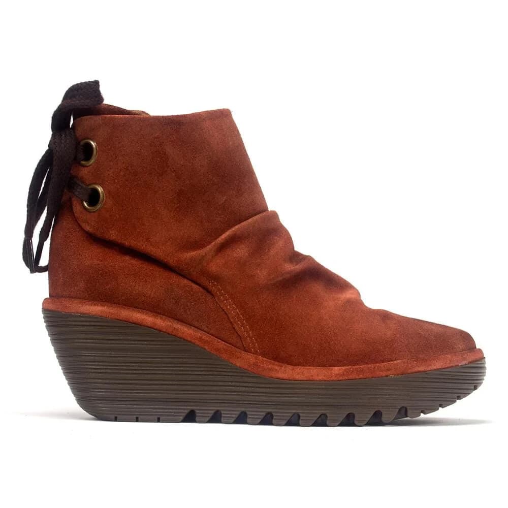 FLY LONDON Yama Rust Oil Suede Tie-Back Wedge Ankle Boots Red-Brick Women's EU37 - Thumbnail 2
