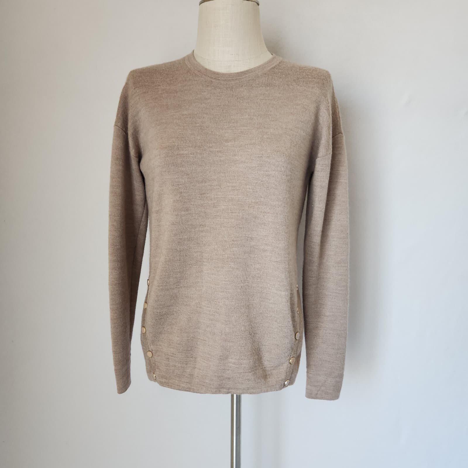 J.McLaughlin $258 Lucie Wool Crewneck Sweater Snap-Button Detail Beige Women's S - Thumbnail 2