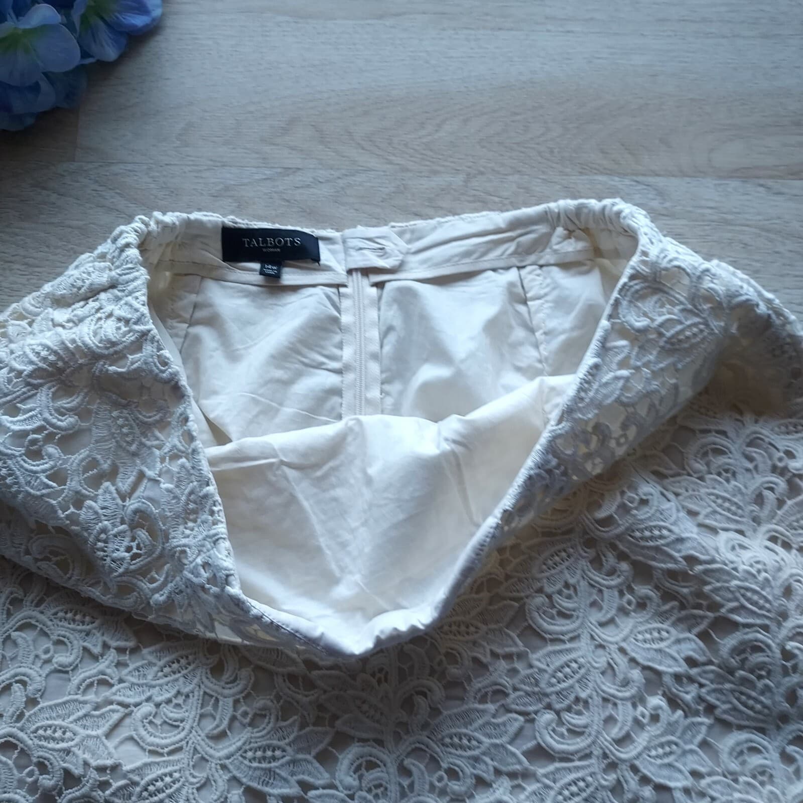 Talbots Lace Floral Mini Pencil Skirt Zip Lined Cream Cotton Blend Women Sz.14W - Thumbnail 2