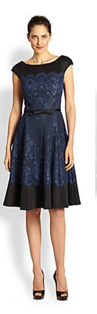 Tadashi Shoji Lace Jersey Formal Even Midi Dress Belt Cap-Sleeve Navy Blue Sz.4 - Thumbnail 4