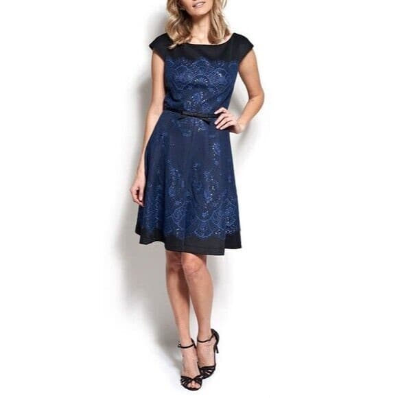Tadashi Shoji Lace Jersey Formal Even Midi Dress Belt Cap-Sleeve Navy Blue Sz.4 - Thumbnail 9