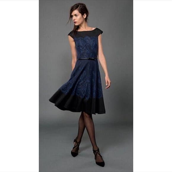 Tadashi Shoji Lace Jersey Formal Even Midi Dress Belt Cap-Sleeve Navy Blue Sz.4 - Thumbnail 8