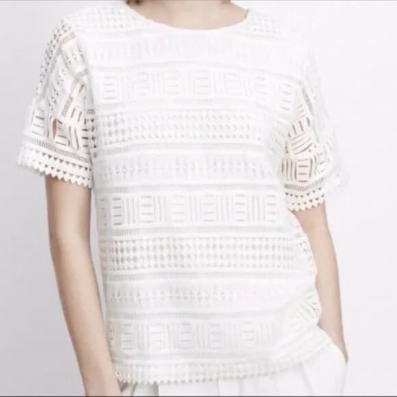 Vince Geometric Lace Crochet Top Short Sleeve Lined 100% Cotton White Women S