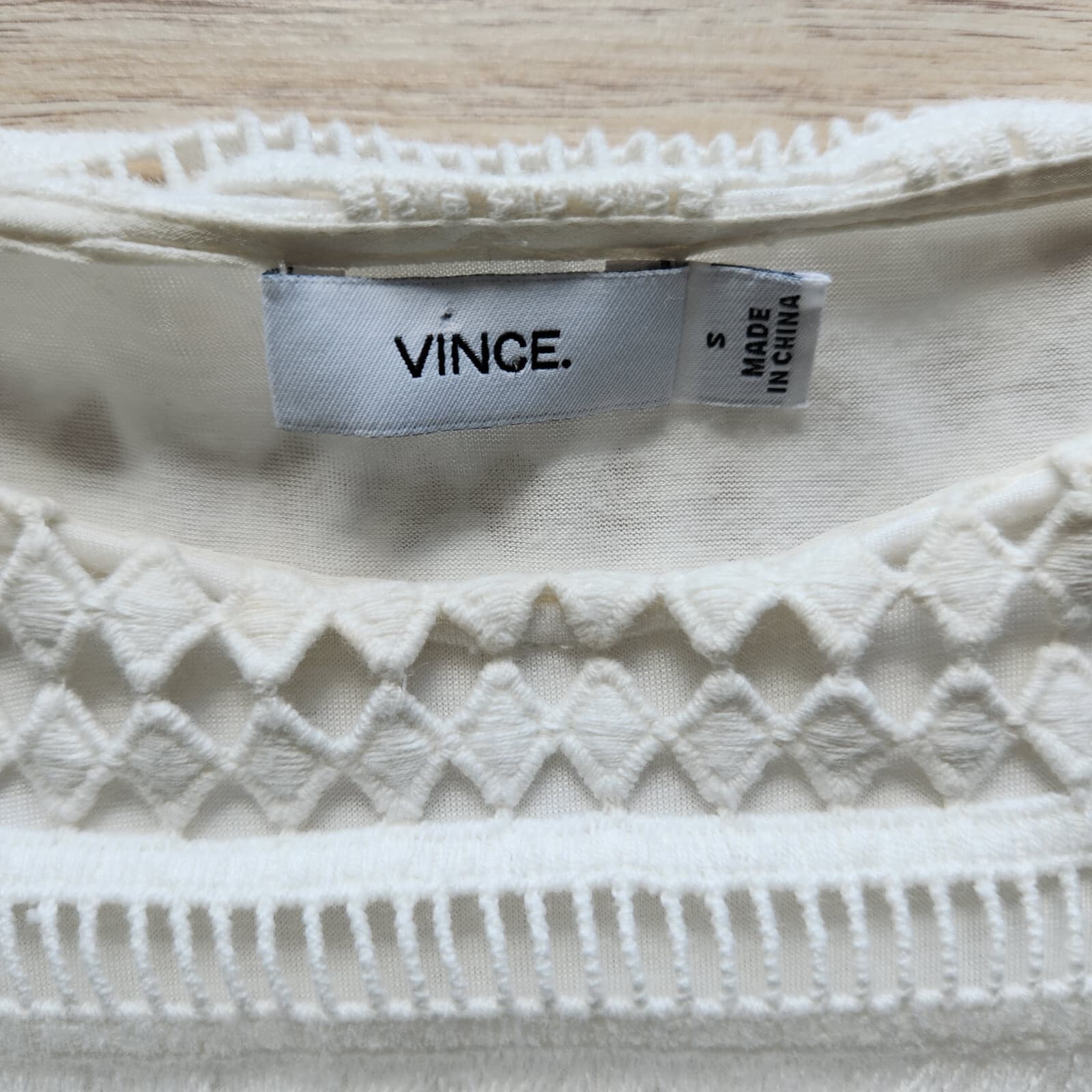 Vince Geometric Lace Crochet Top Short Sleeve Lined 100% Cotton White Women S - Thumbnail 9