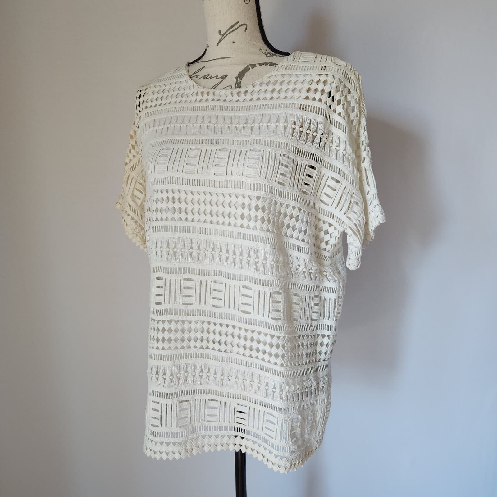 Vince Geometric Lace Crochet Top Short Sleeve Lined 100% Cotton White Women S - Thumbnail 3