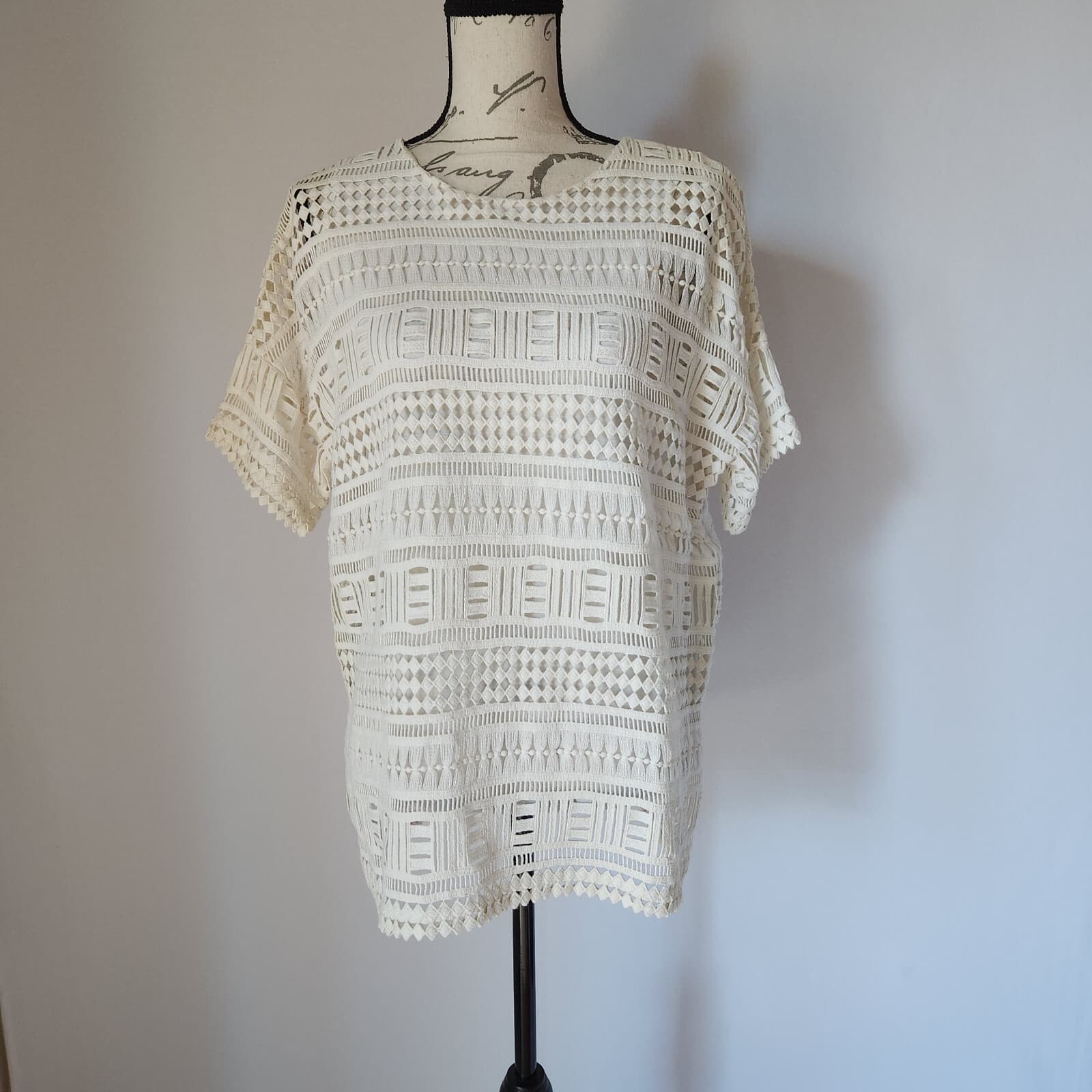 Vince Geometric Lace Crochet Top Short Sleeve Lined 100% Cotton White Women S - Thumbnail 2
