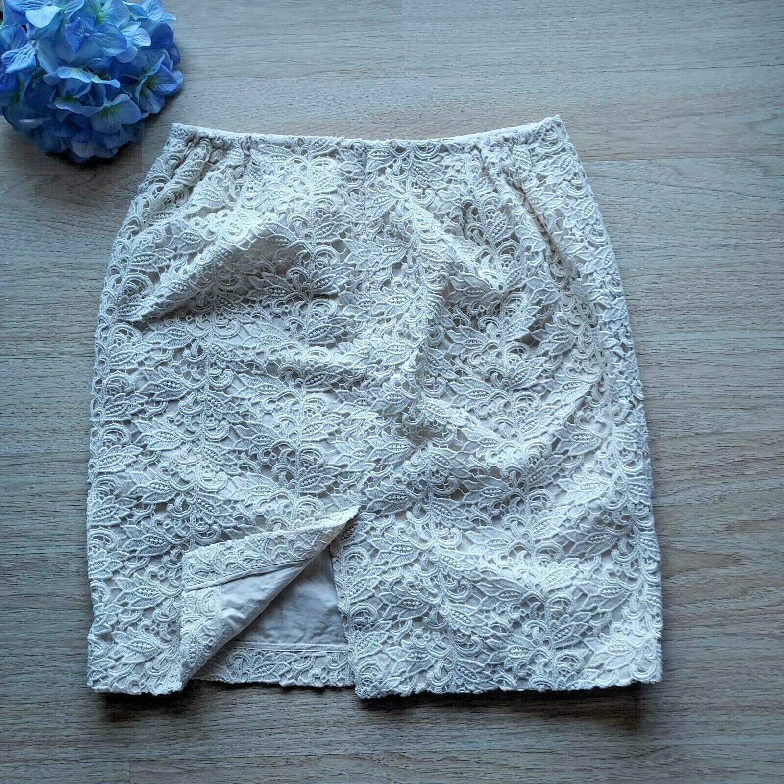 Talbots Lace Floral Mini Pencil Skirt Zip Lined Cream Cotton Blend Women Sz.14W - Thumbnail 3