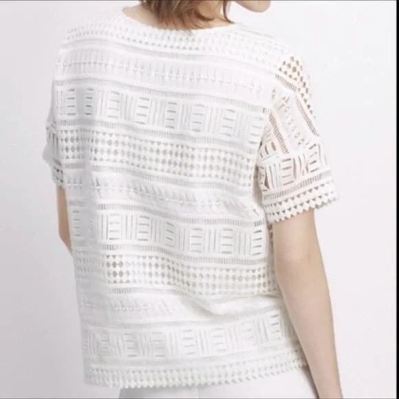 Vince Geometric Lace Crochet Top Short Sleeve Lined 100% Cotton White Women S - Thumbnail 4