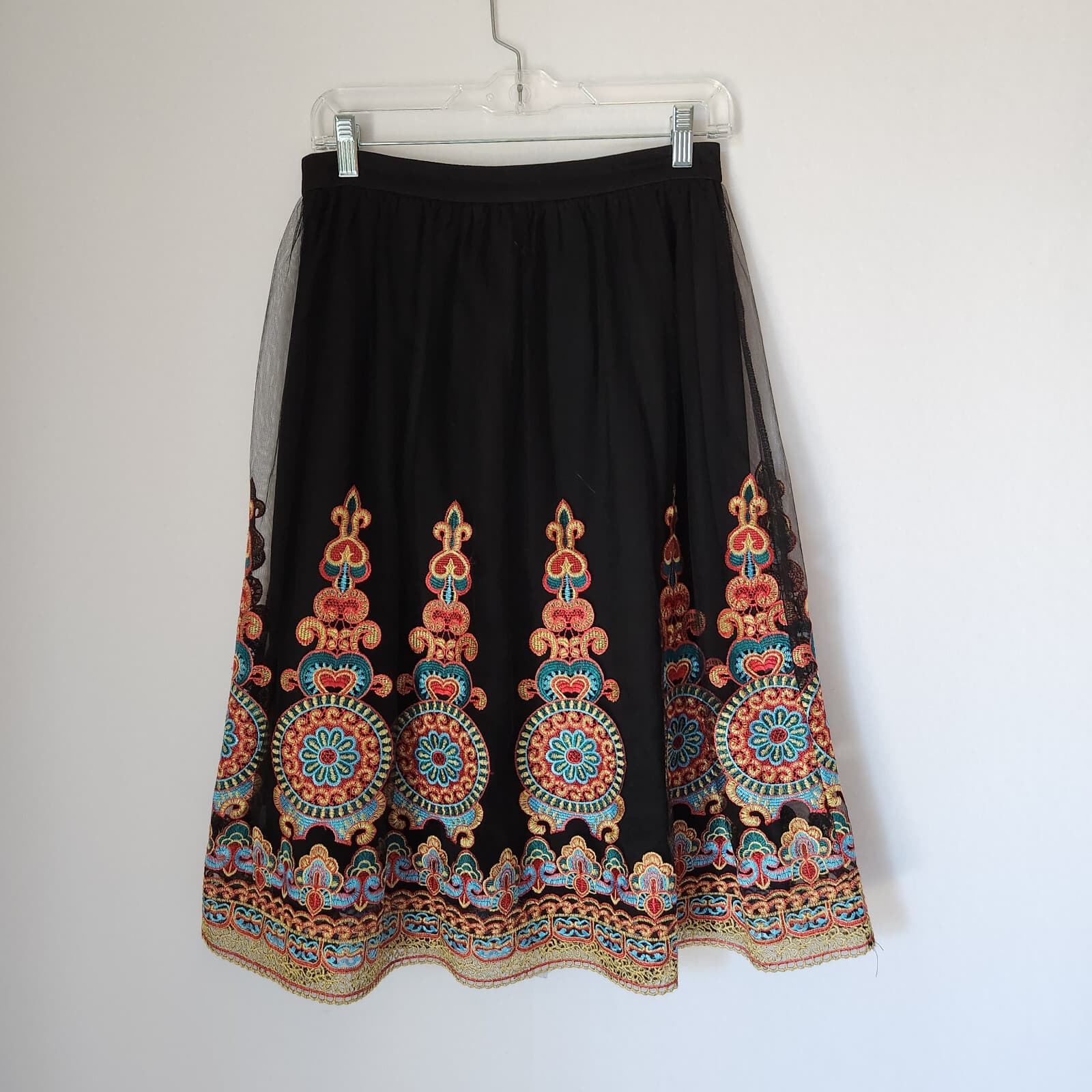 Forever 21 Mesh Ornate Embroidered Tulle Skirt Knee Length Lined Zip Black Sz.M - Thumbnail 3
