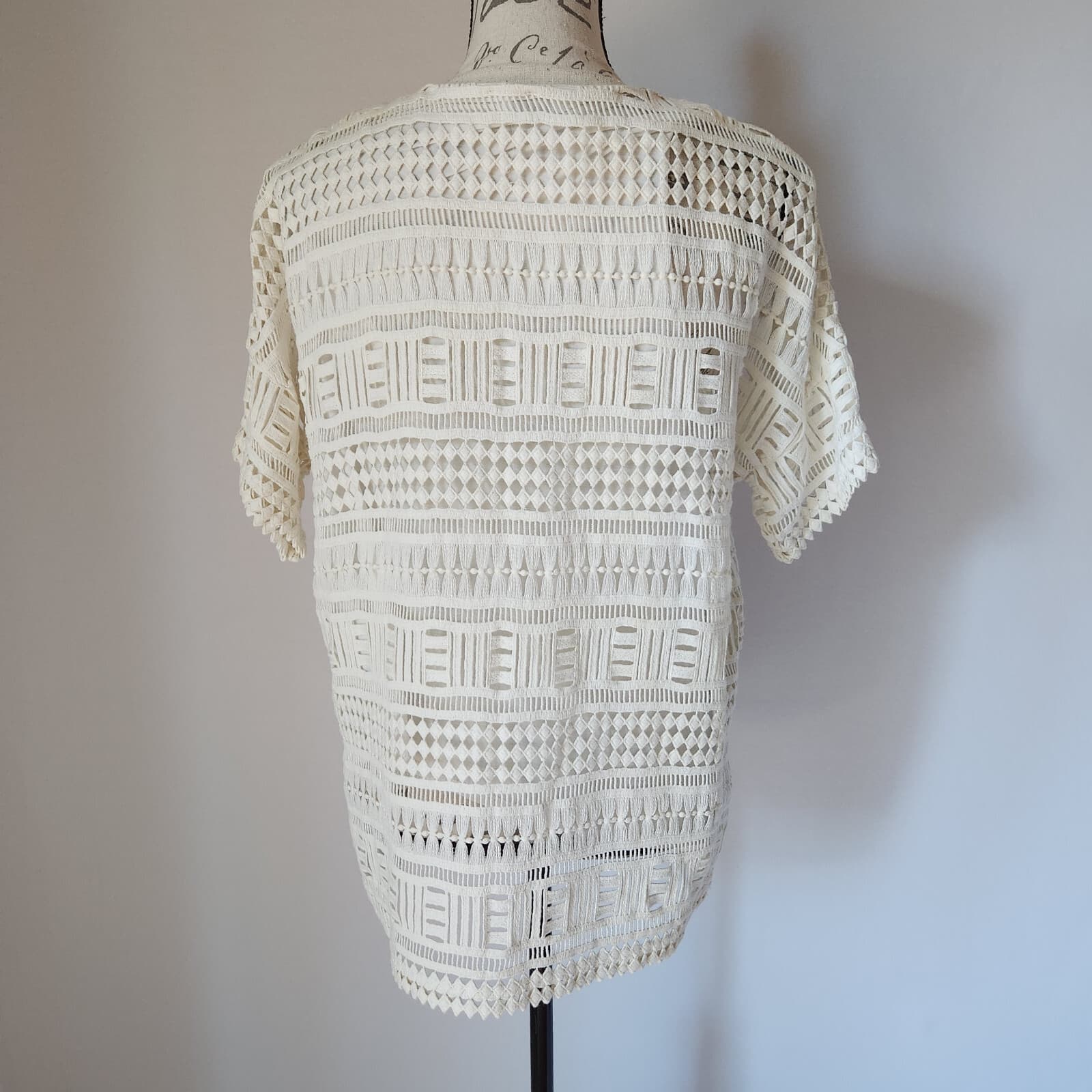 Vince Geometric Lace Crochet Top Short Sleeve Lined 100% Cotton White Women S - Thumbnail 6