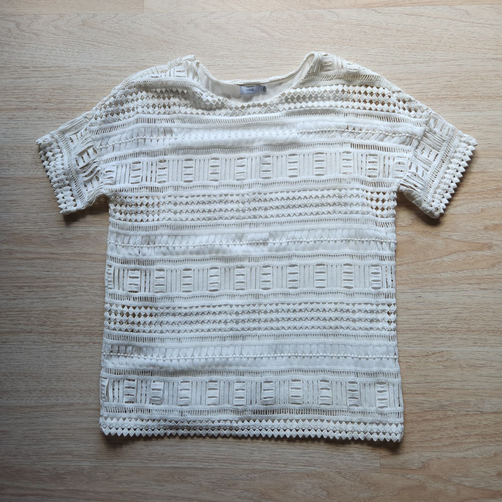 Vince Geometric Lace Crochet Top Short Sleeve Lined 100% Cotton White Women S - Thumbnail 7
