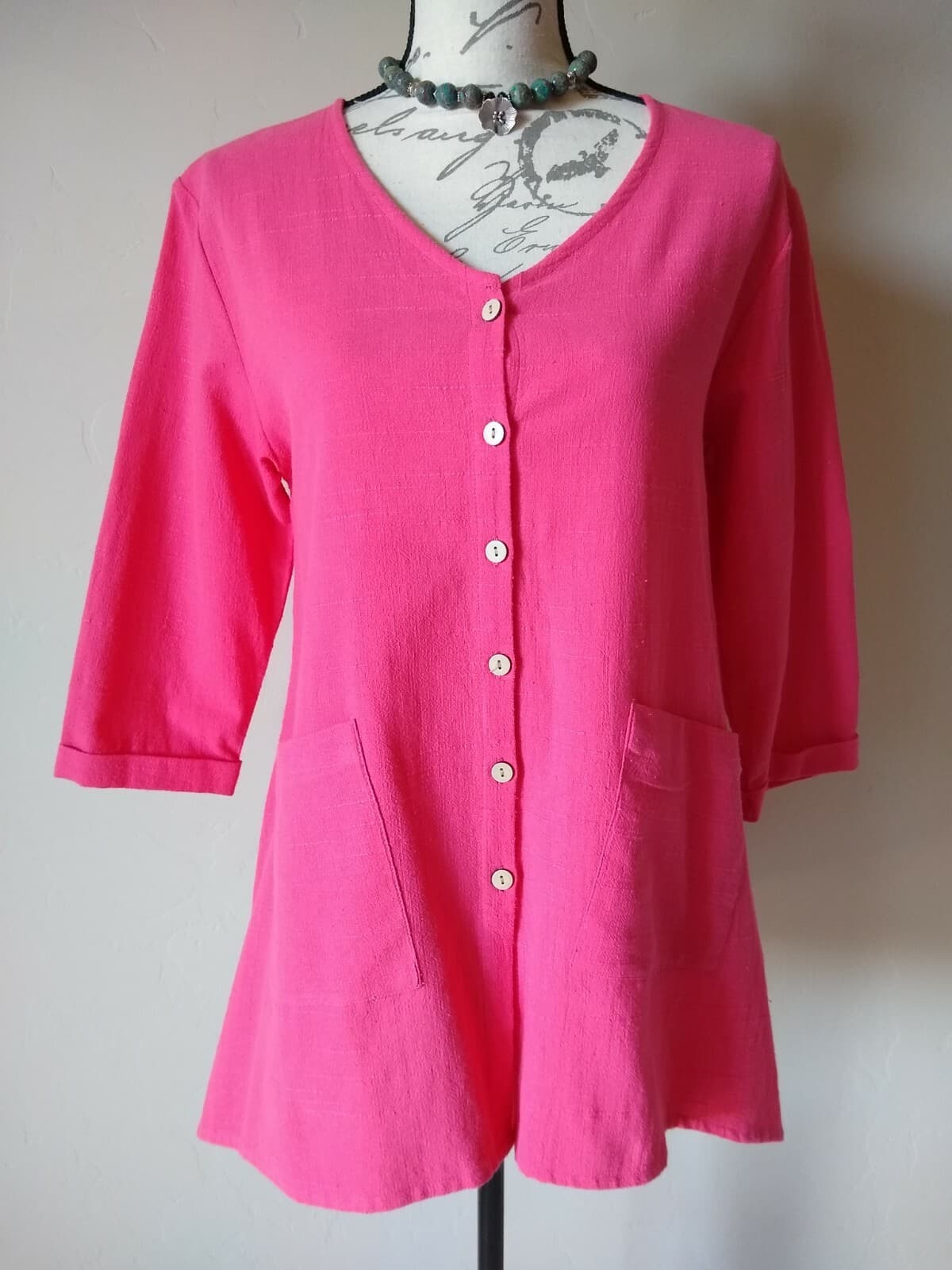 Habitat Clothes to Live In Tunic Top Button Front-Back Pocket Pink Oversize XS - Thumbnail 2