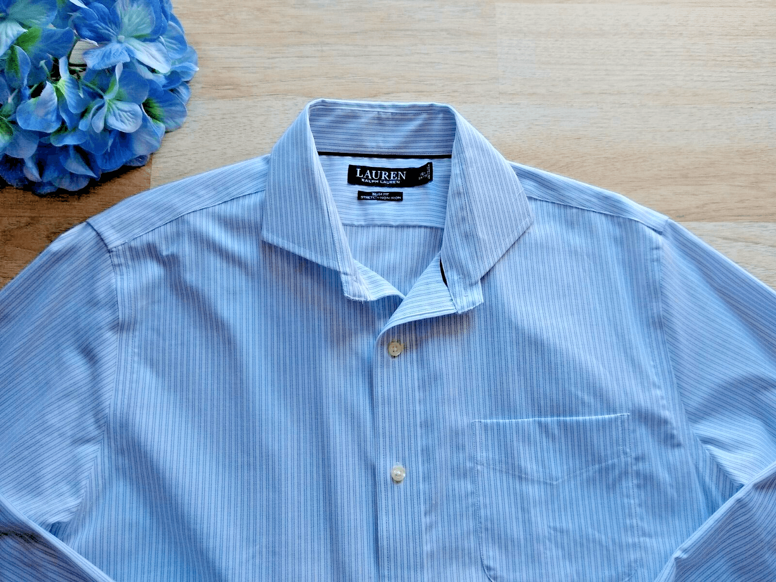 Lauren Ralph Lauren Non Iron Stretch Slim Fit Shirt Strip Blue White Men's 16.5