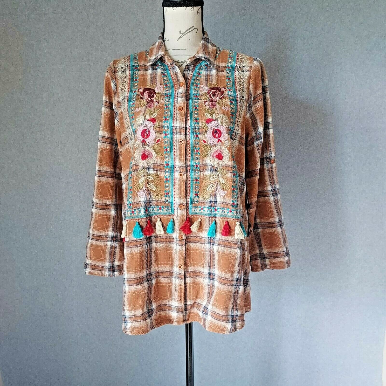 Andree by Unit Floral Embroidered Fringe Plaid Shirt Button Cotton Brown Sz.M