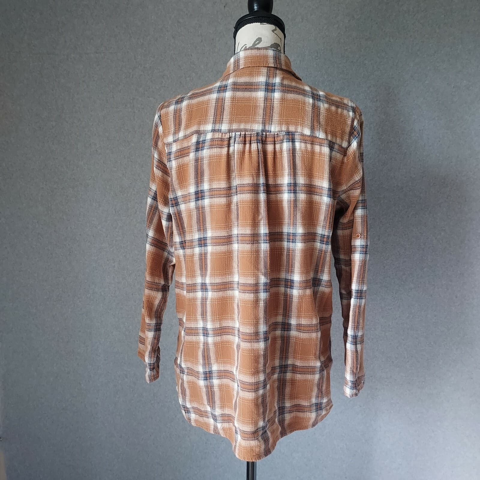 Andree by Unit Floral Embroidered Fringe Plaid Shirt Button Cotton Brown Sz.M - Thumbnail 6
