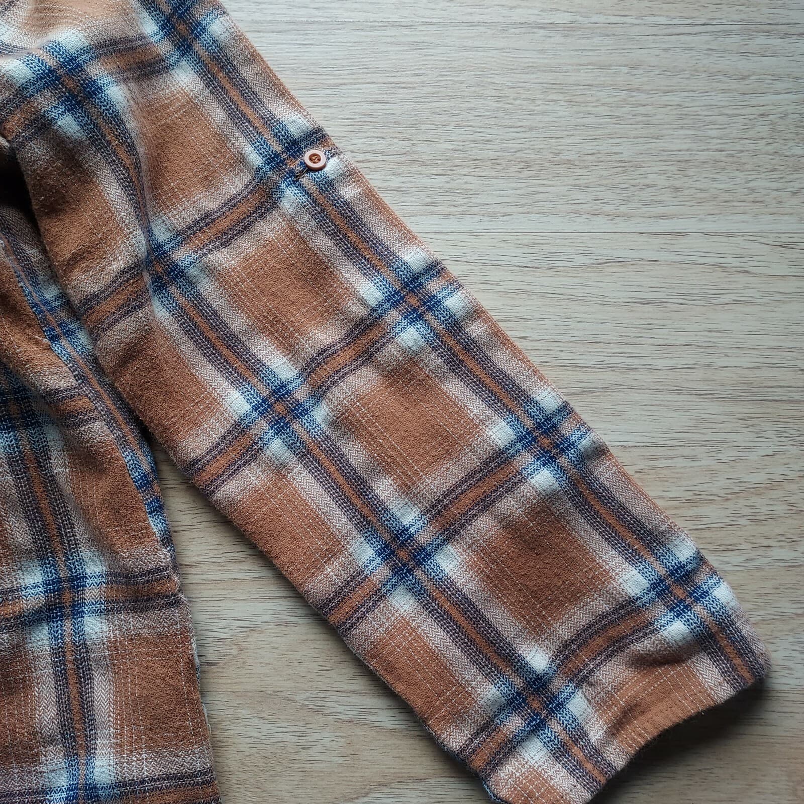Andree by Unit Floral Embroidered Fringe Plaid Shirt Button Cotton Brown Sz.M - Thumbnail 7