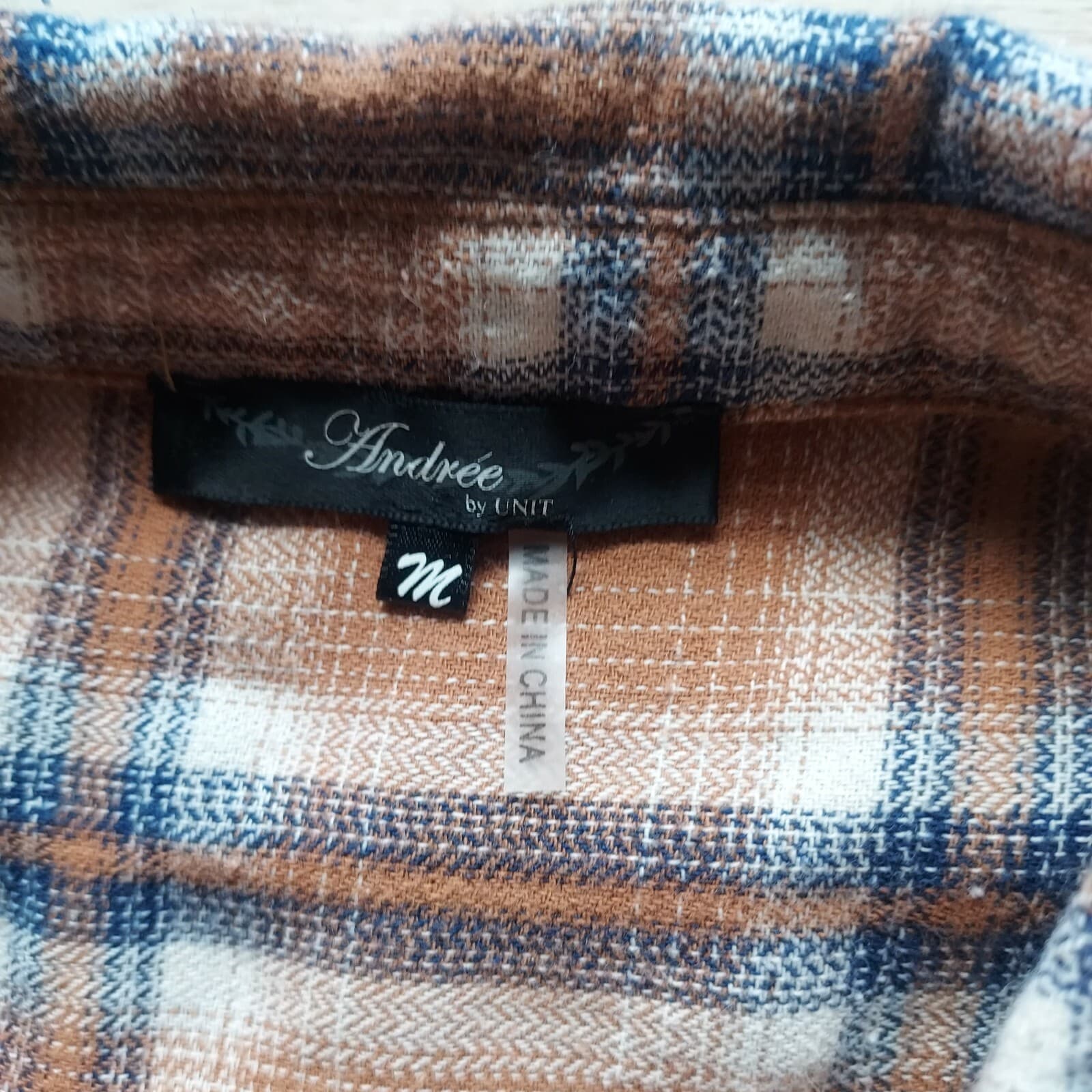 Andree by Unit Floral Embroidered Fringe Plaid Shirt Button Cotton Brown Sz.M - Thumbnail 8