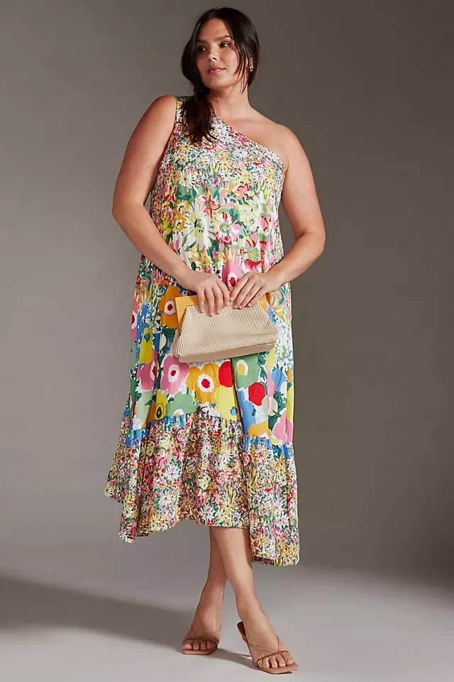 Sarah Campbell Anthropologie Floral One-Shoulder Midi Dress Hi-Low Pocket Size S - Thumbnail 3
