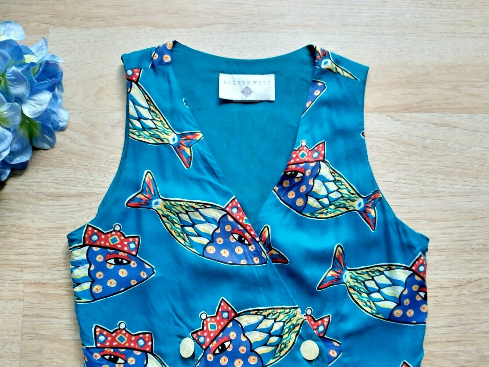 Vintage EILEEN WEST Sheath Dress Colorful Fish Printed Sleeveless Rayon Sz.6 USA - Thumbnail 4
