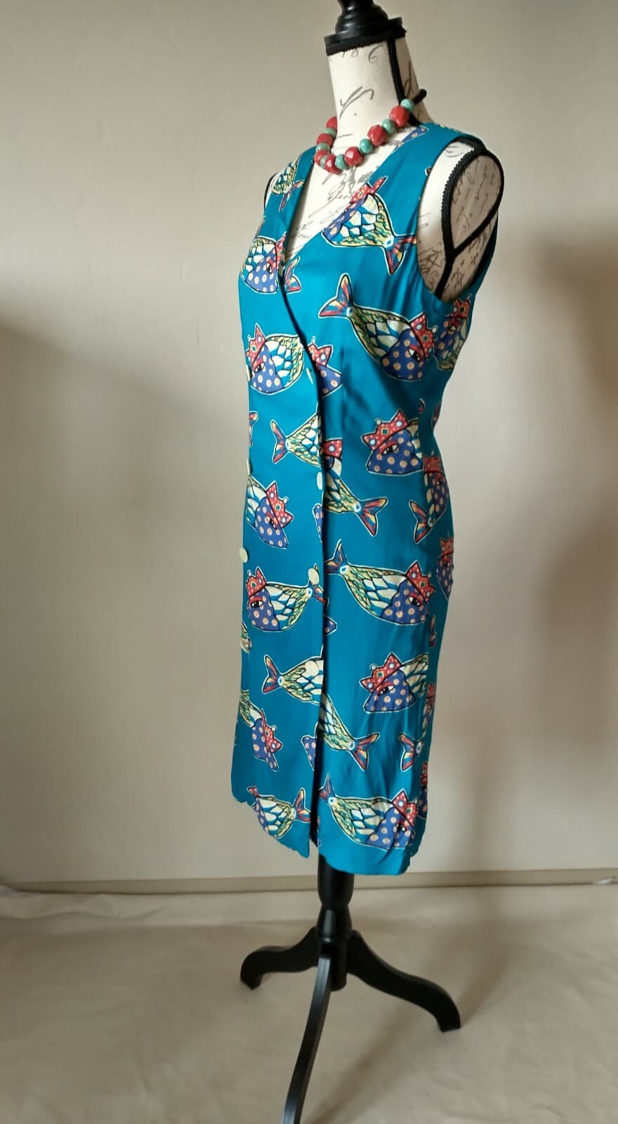Vintage EILEEN WEST Sheath Dress Colorful Fish Printed Sleeveless Rayon Sz.6 USA - Thumbnail 5