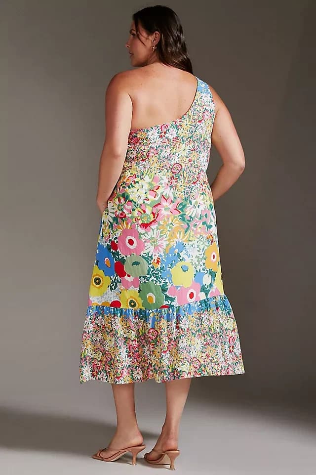 Sarah Campbell Anthropologie Floral One-Shoulder Midi Dress Hi-Low Pocket Size S - Thumbnail 5