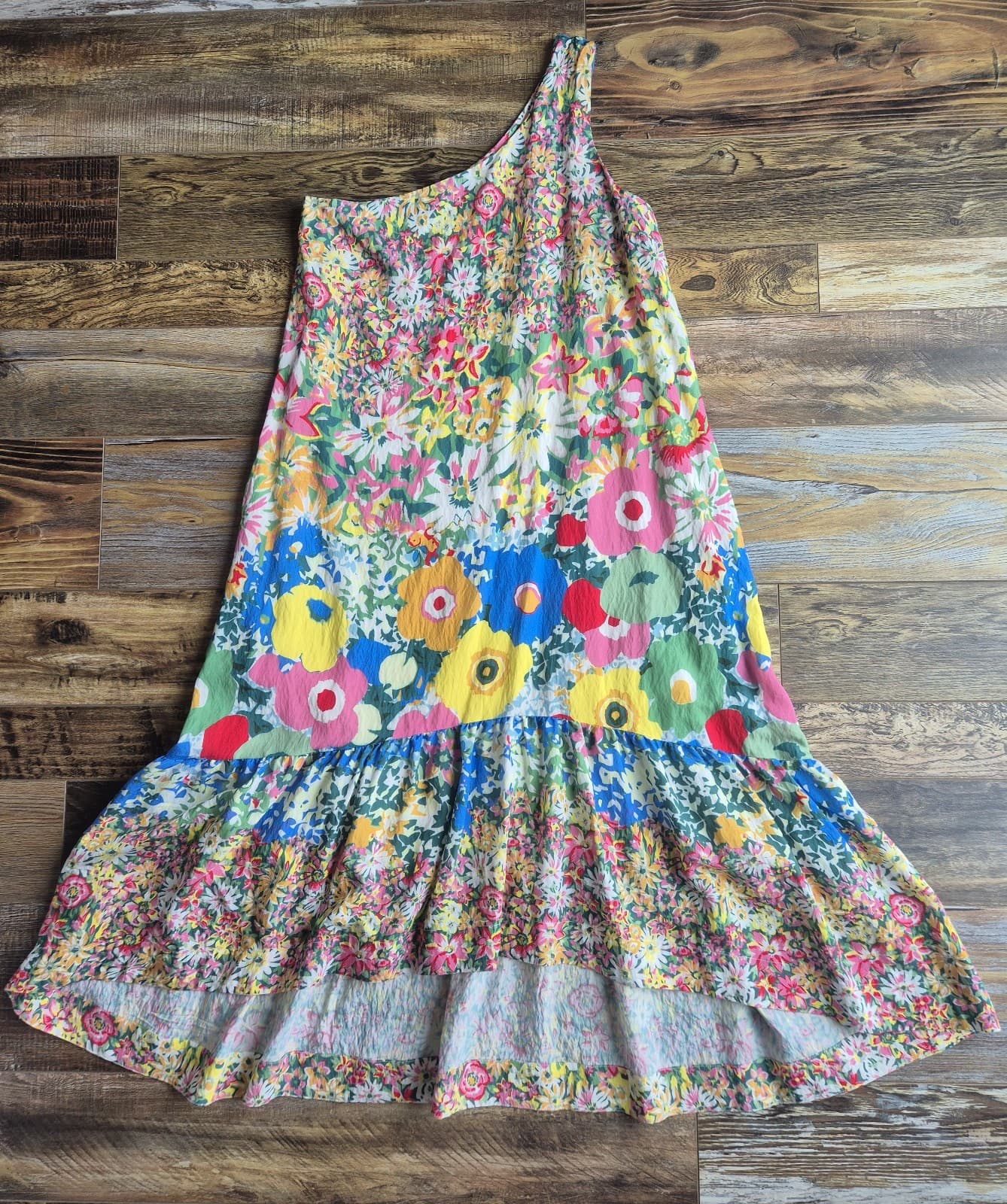 Sarah Campbell Anthropologie Floral One-Shoulder Midi Dress Hi-Low Pocket Size S - Thumbnail 7