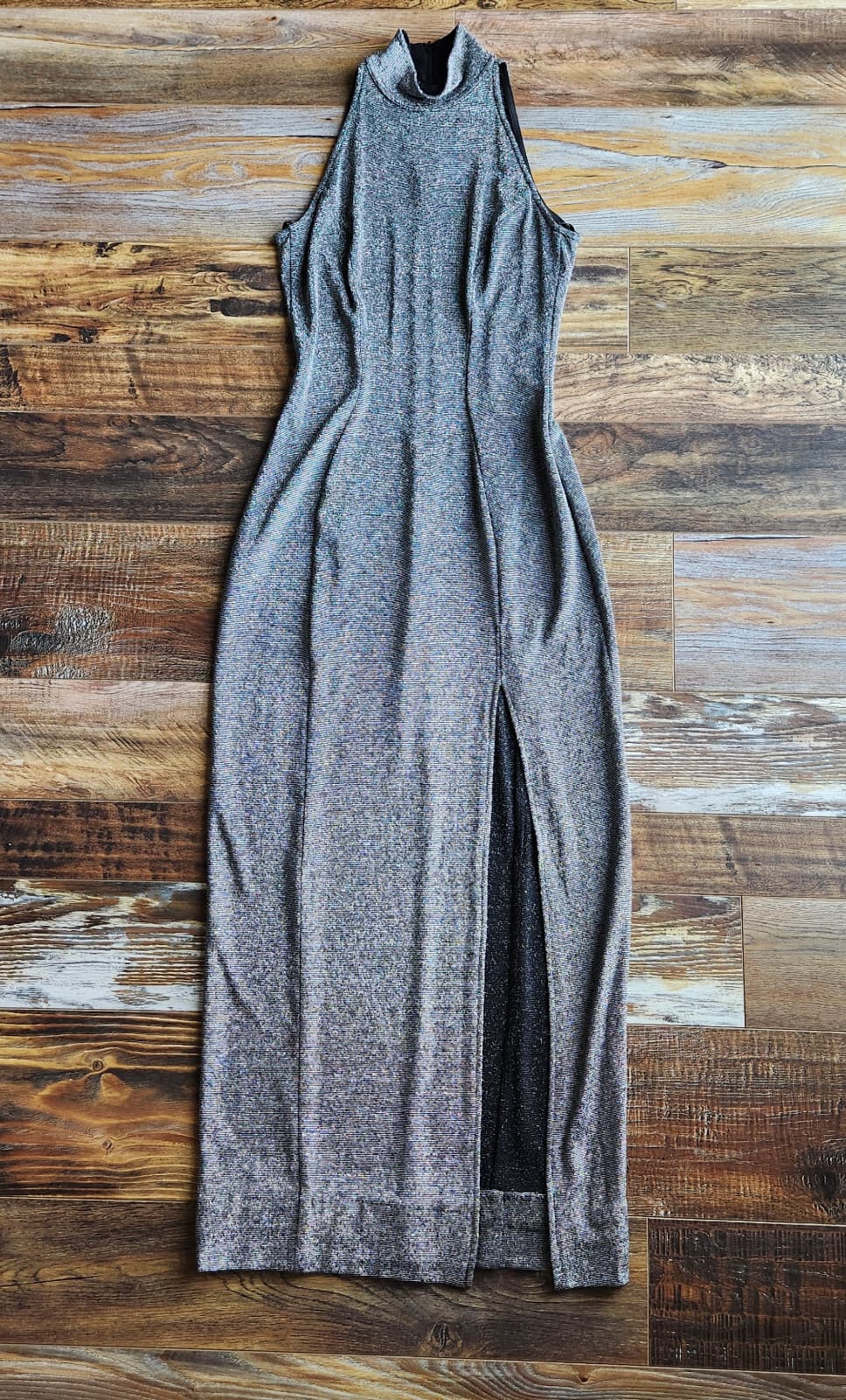 Vintage Tadashi Silver Metallic Party Evening Maxi Dress Halter Mock Neck Sz.M - Thumbnail 7