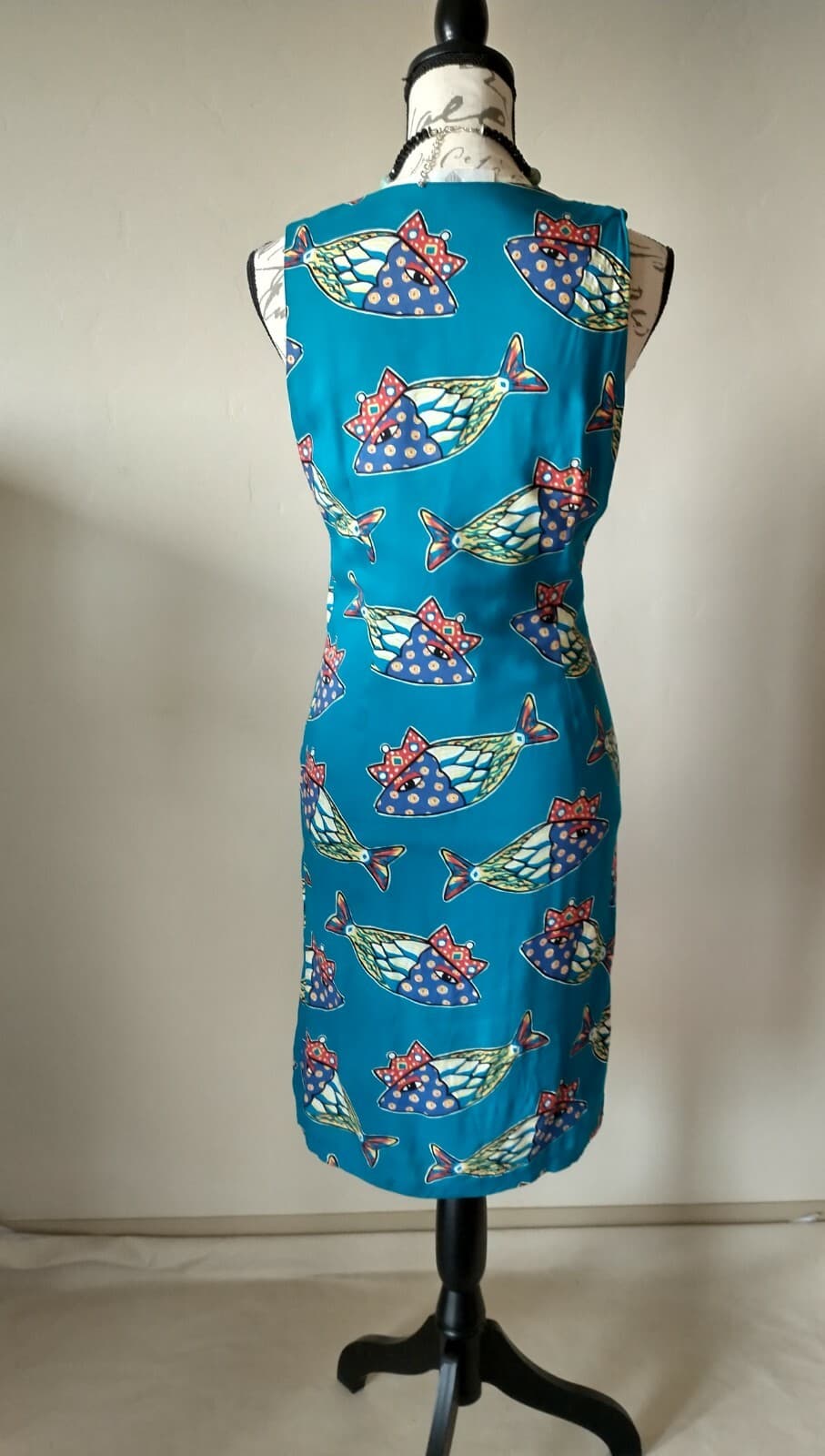 Vintage EILEEN WEST Sheath Dress Colorful Fish Printed Sleeveless Rayon Sz.6 USA - Thumbnail 6