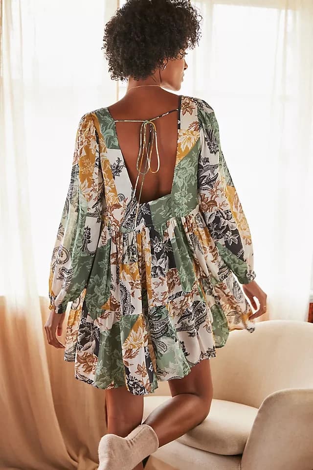 NWoT Anthropologie Tiered Tunic Mini Dress Long Sleeve Modal Mixed Printed Sz.S - Thumbnail 6