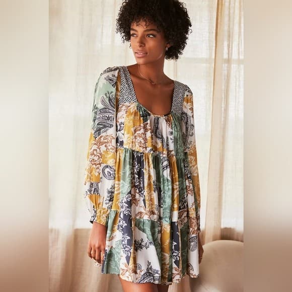 NWoT Anthropologie Tiered Tunic Mini Dress Long Sleeve Modal Mixed Printed Sz.S - Thumbnail 3