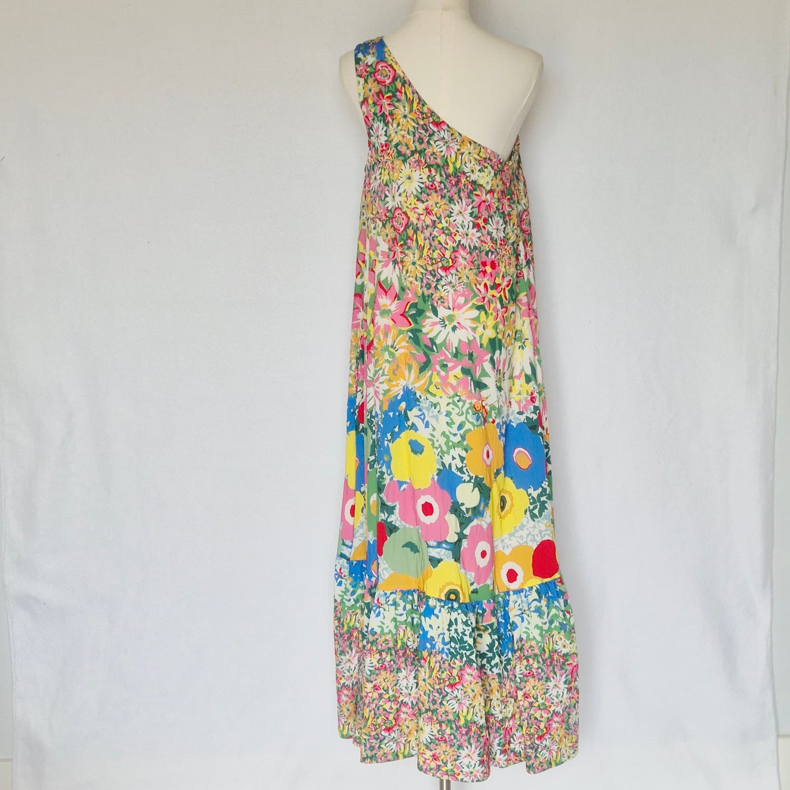 Sarah Campbell Anthropologie Floral One-Shoulder Midi Dress Hi-Low Pocket Size S - Thumbnail 6