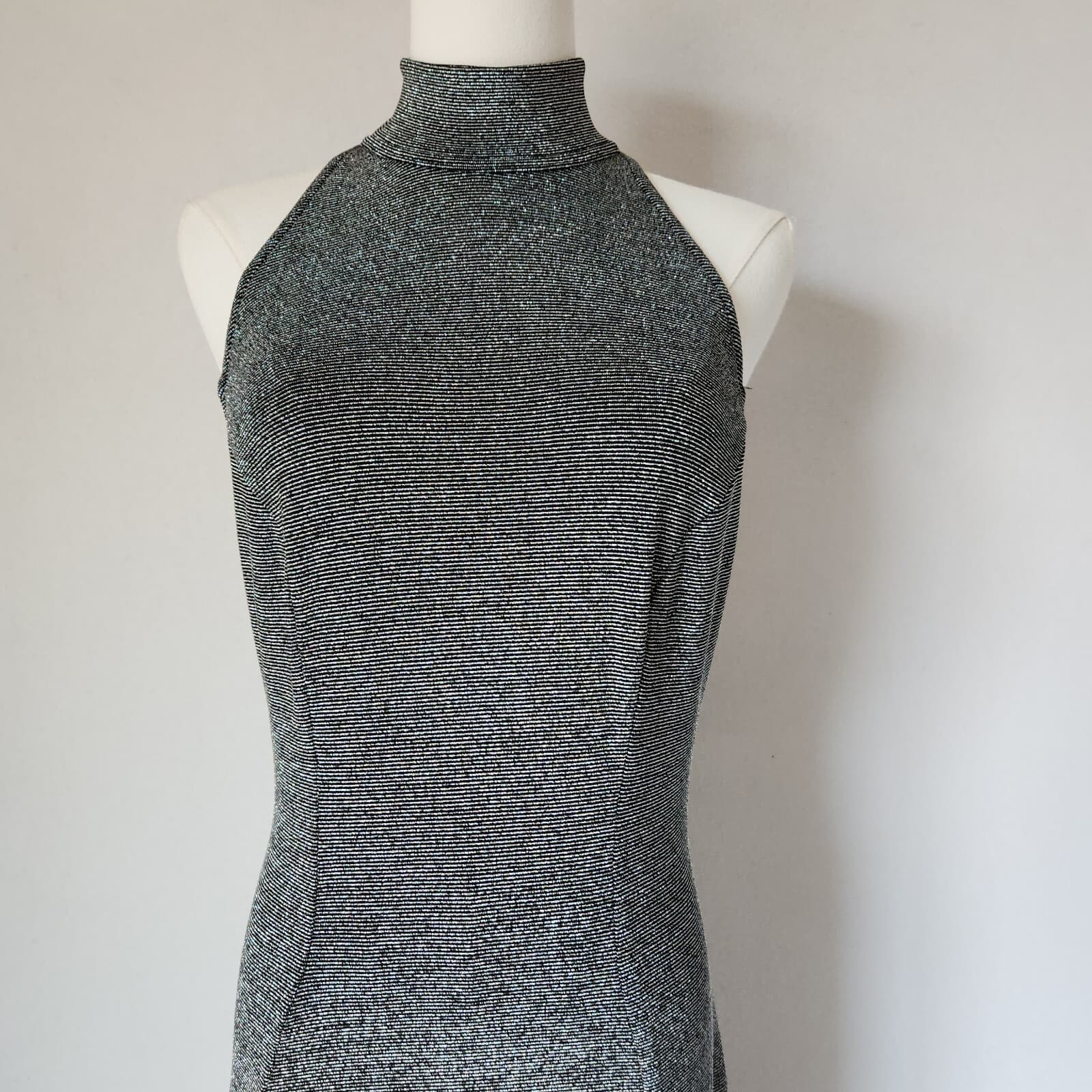 Vintage Tadashi Silver Metallic Party Evening Maxi Dress Halter Mock Neck Sz.M - Thumbnail 3