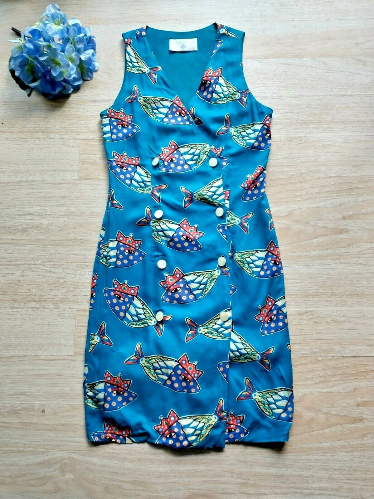 Vintage EILEEN WEST Sheath Dress Colorful Fish Printed Sleeveless Rayon Sz.6 USA - Thumbnail 3