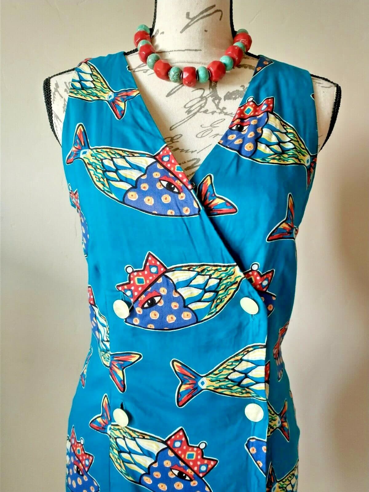 Vintage EILEEN WEST Sheath Dress Colorful Fish Printed Sleeveless Rayon Sz.6 USA - Thumbnail 2