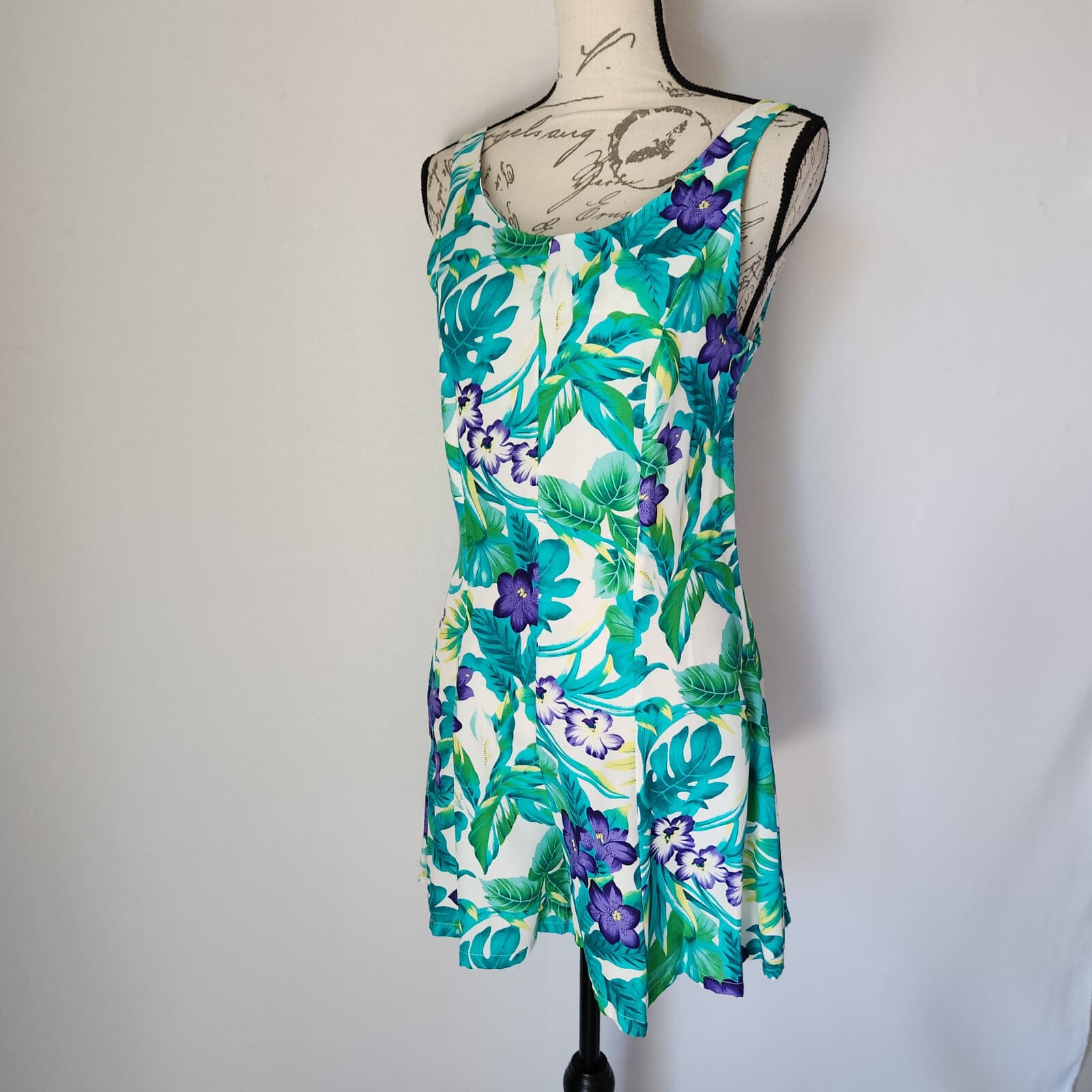 Paradise Bay Hawaiian Tropical Floral Romper Sleeveless Zip Rayon Green Sz.M USA - Thumbnail 2