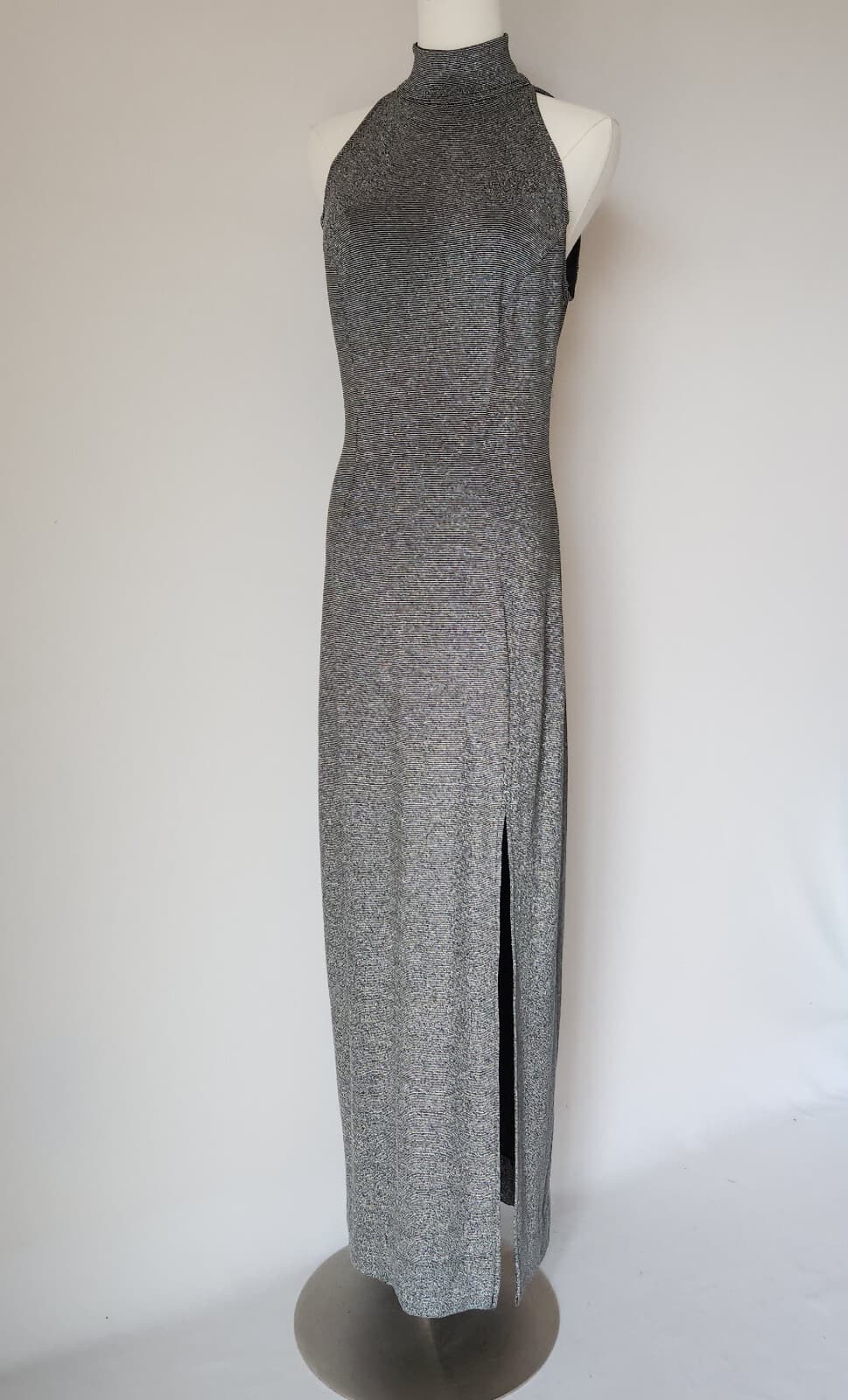 Vintage Tadashi Silver Metallic Party Evening Maxi Dress Halter Mock Neck Sz.M - Thumbnail 2