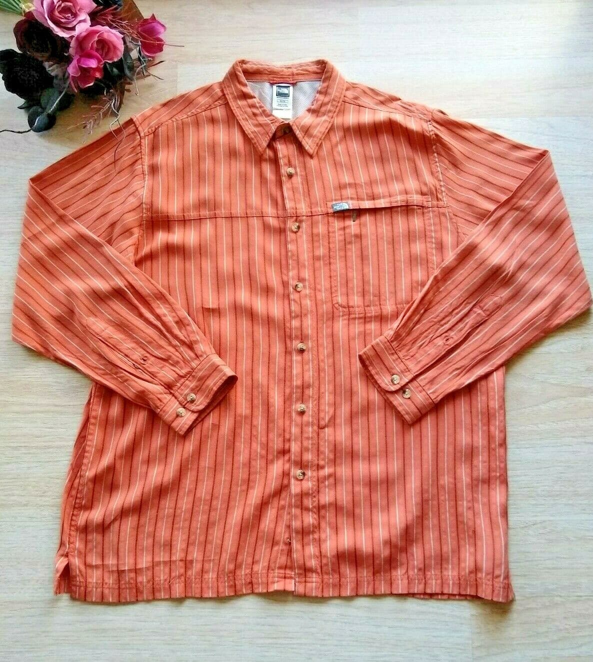 The North Face Modal Shirt Button-down Long Sleeve Zip-Pocket Orange Strip Sz.XL - Thumbnail 2