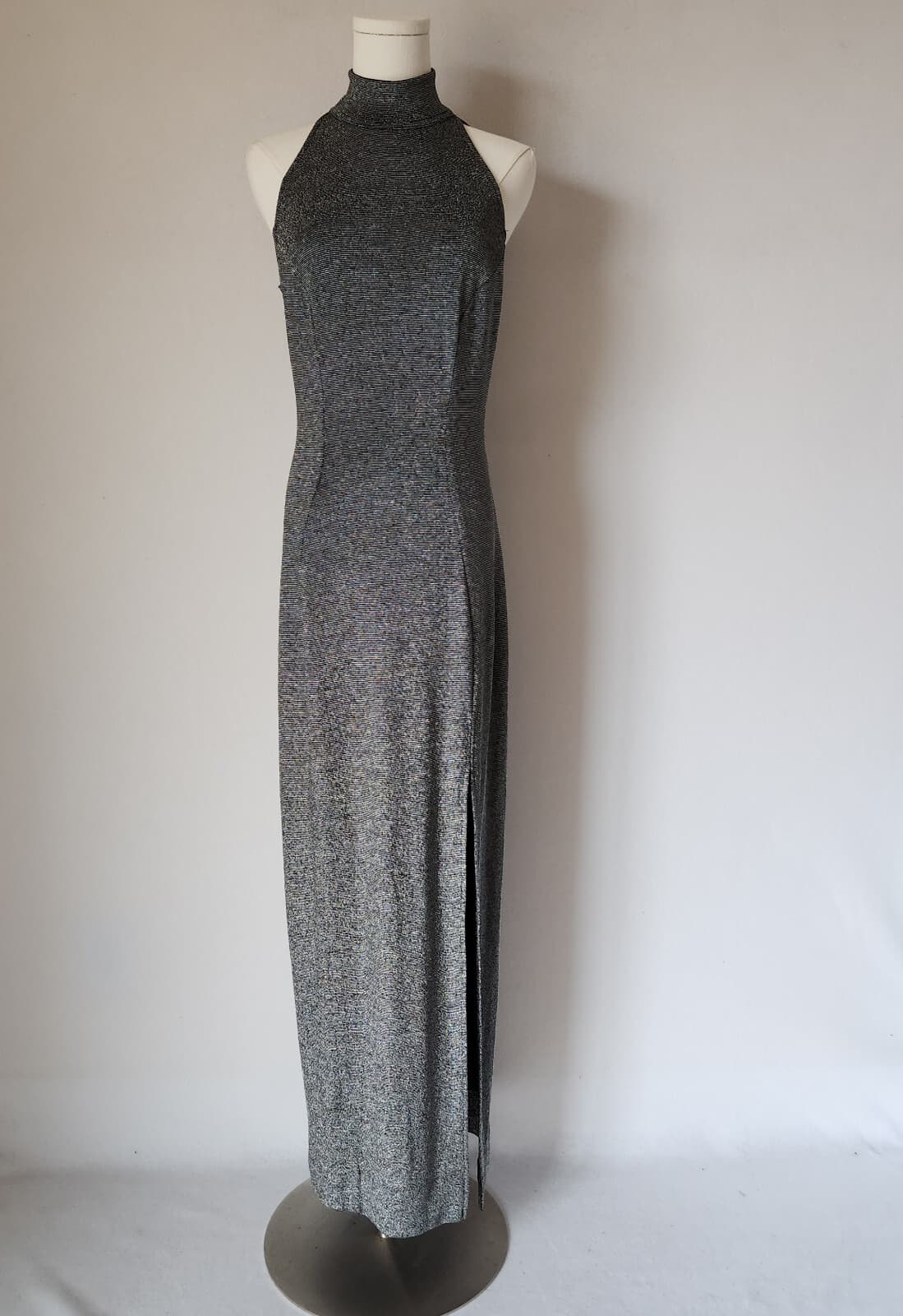 Vintage Tadashi Silver Metallic Party Evening Maxi Dress Halter Mock Neck Sz.M