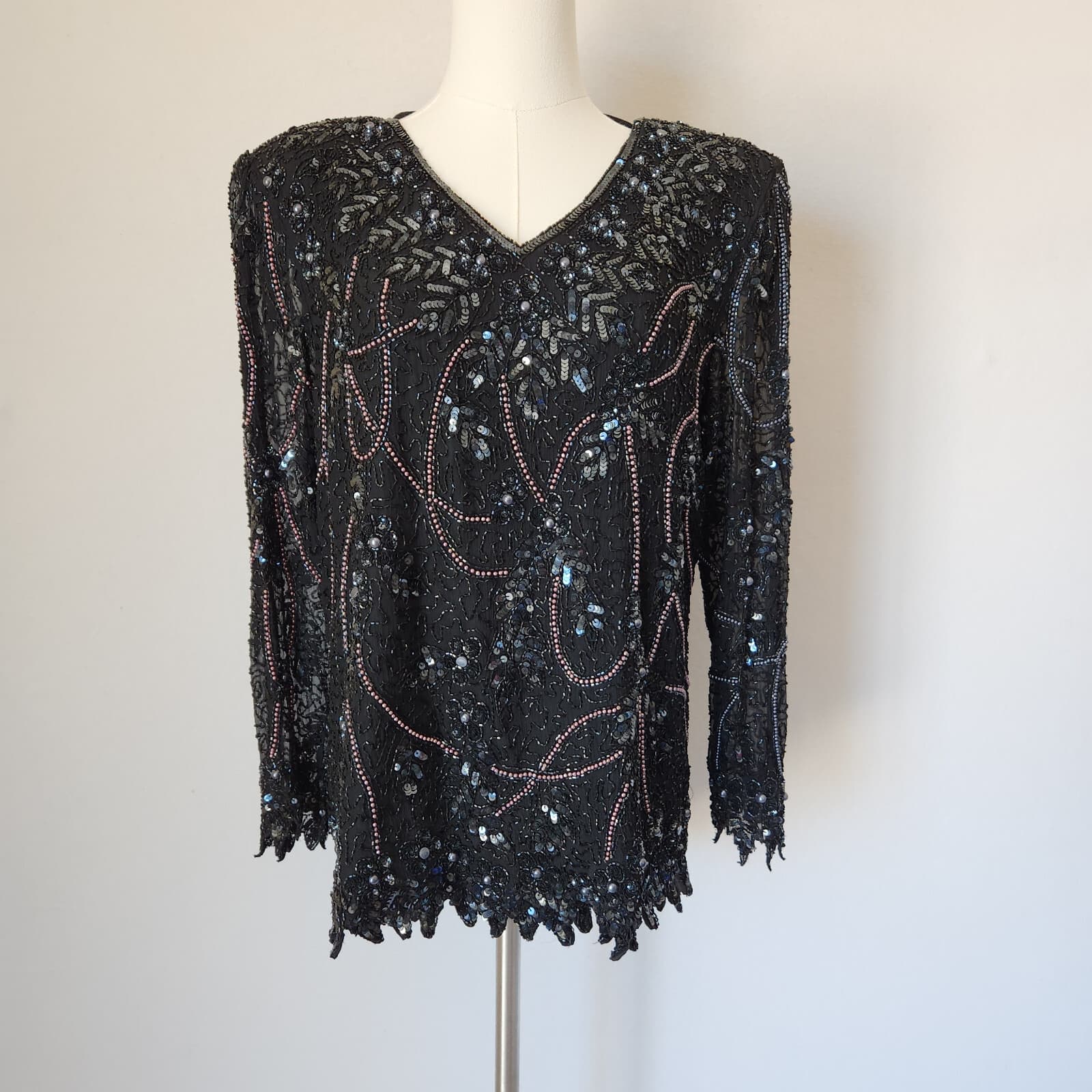 Vintage Patra Heavy Sequined Beaded Evening Party Top Long Sleeve Black Sz.10 - Thumbnail 2