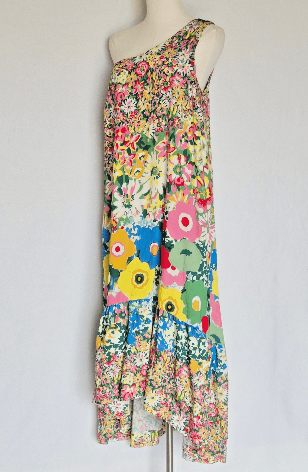 Sarah Campbell Anthropologie Floral One-Shoulder Midi Dress Hi-Low Pocket Size S - Thumbnail 2
