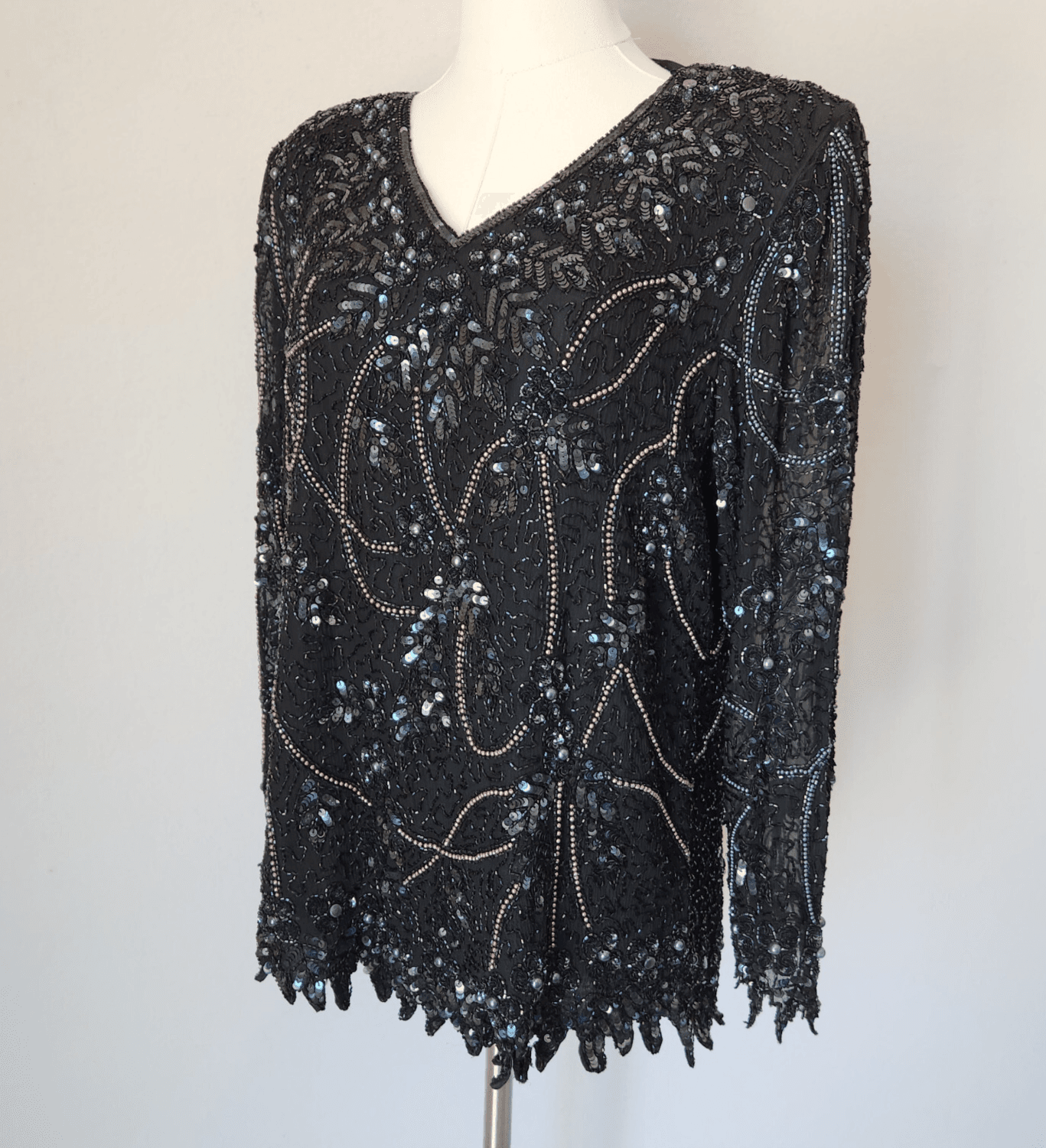 Vintage Patra Heavy Sequined Beaded Evening Party Top Long Sleeve Black Sz.10
