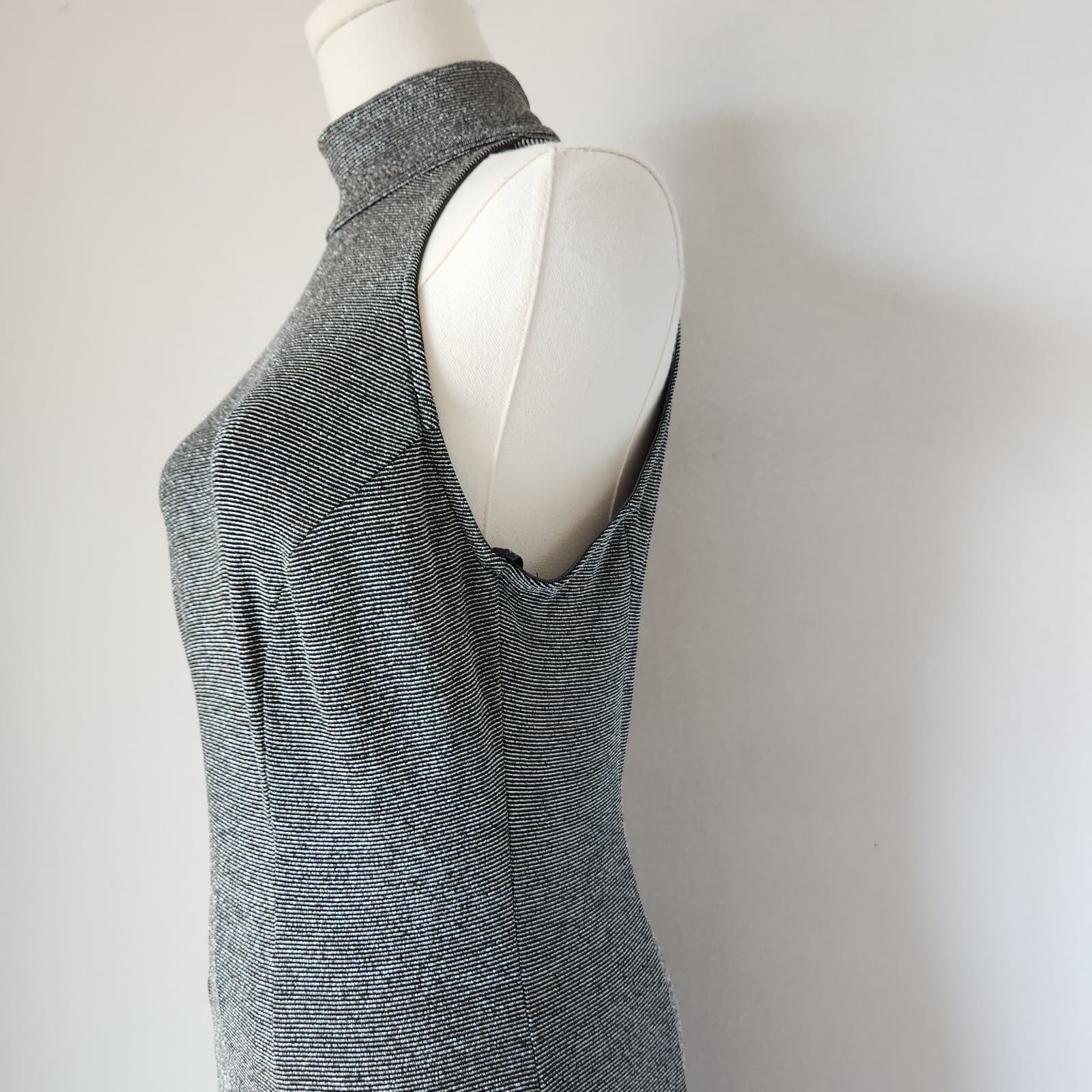 Vintage Tadashi Silver Metallic Party Evening Maxi Dress Halter Mock Neck Sz.M - Thumbnail 5